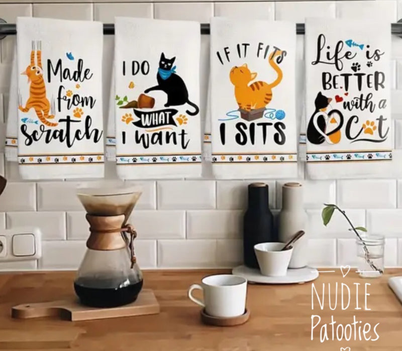 Cat Kitchen Towels Set of 4 - Cat Lover Gifts for Women - Housewarming Gifts - Cat Gifts for Cat Lovers - Cat Mom Gifts for Women - Funny Cat Dish Towels - Cat Kitchen