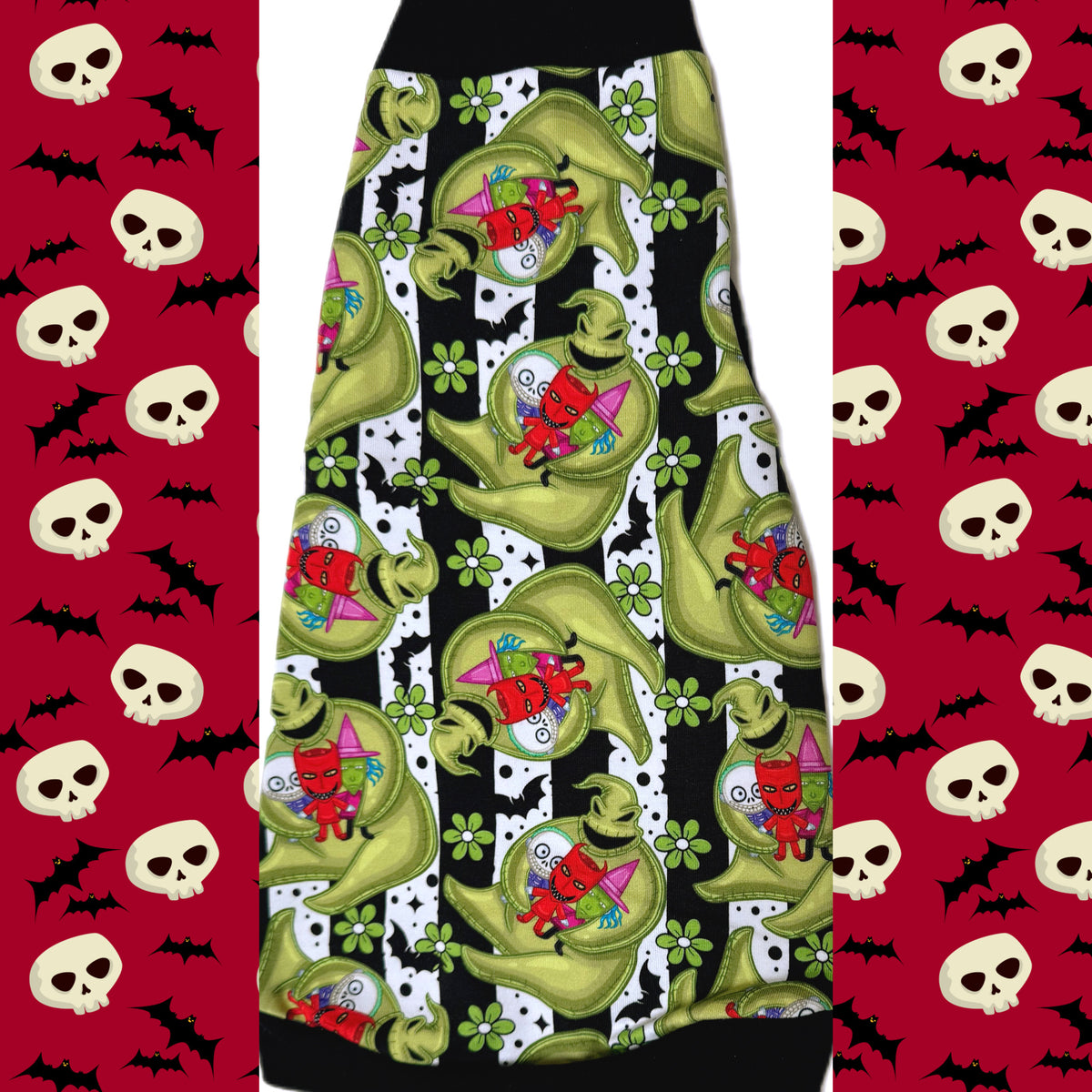 Sphynx cat Halloween shirt featuring Oogie Boogie and Boogie’s Boys in green witch hats with bats, skulls, flowers, and spooky black-and-white stripes.