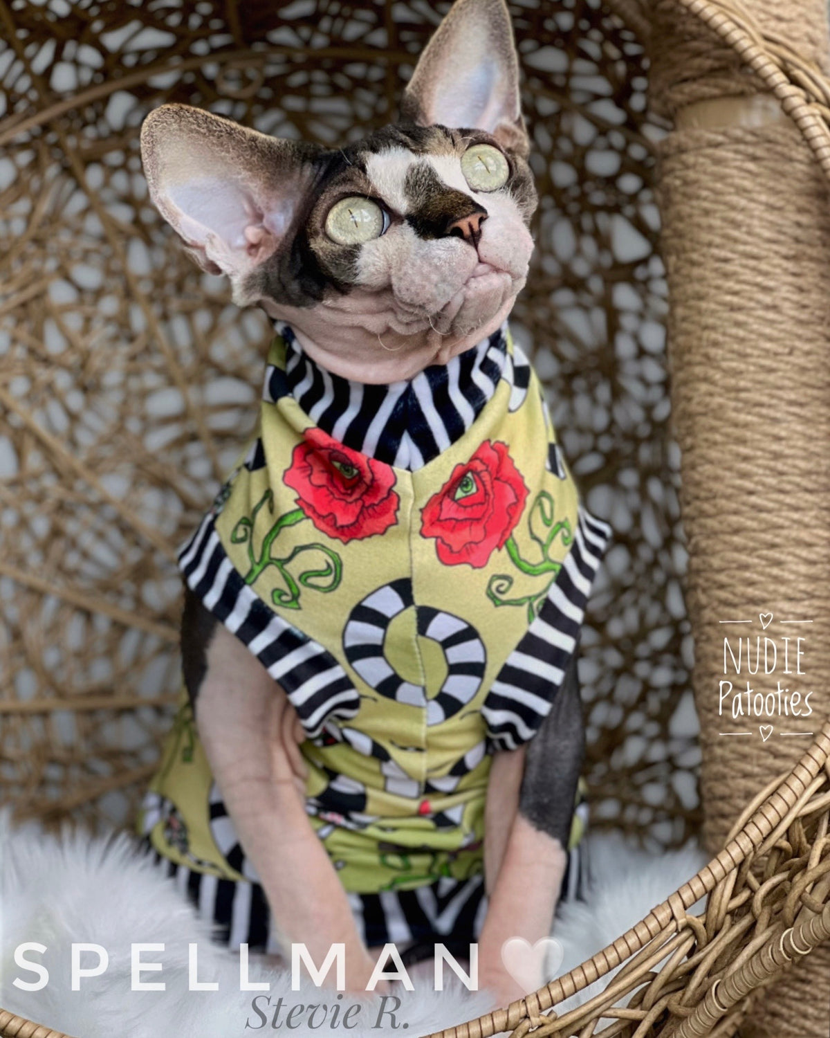 Sphynx cat shirt with playful black and white striped sandworms and eyeball flowers on an olive green cotton blend fabric with soft plush striped trim. Best sphynx cat clothes