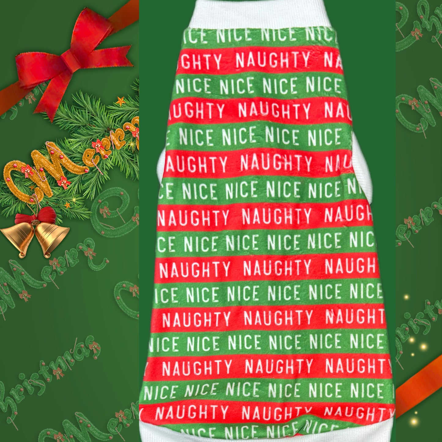 Festive Naughty Nice Stripped fleece shirt for your hairless sphynx cat and kitten. Best sphynx cat clothes and shirts.