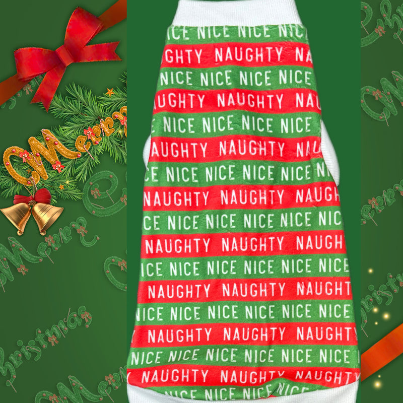 Festive Naughty Nice Stripped fleece shirt for your hairless sphynx cat and kitten. Best sphynx cat clothes and shirts.