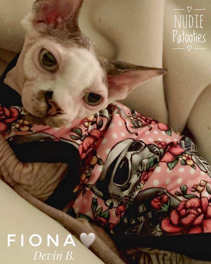 Polka dot floral shirt for sphynx cats and kittens.  Sphynx cat clothes