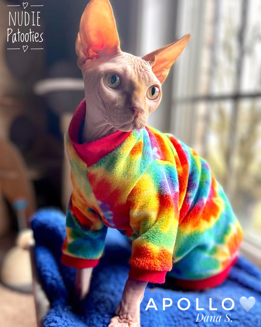 Warm long sleeve tie dye fleece shirt for sphynx cat and kitten.  Sphynx cat clothes. 
