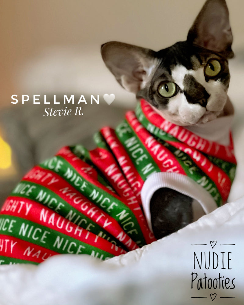 Festive Naughty Nice Stripped fleece shirt for your hairless sphynx cat and kitten. Best sphynx cat clothes and shirts.