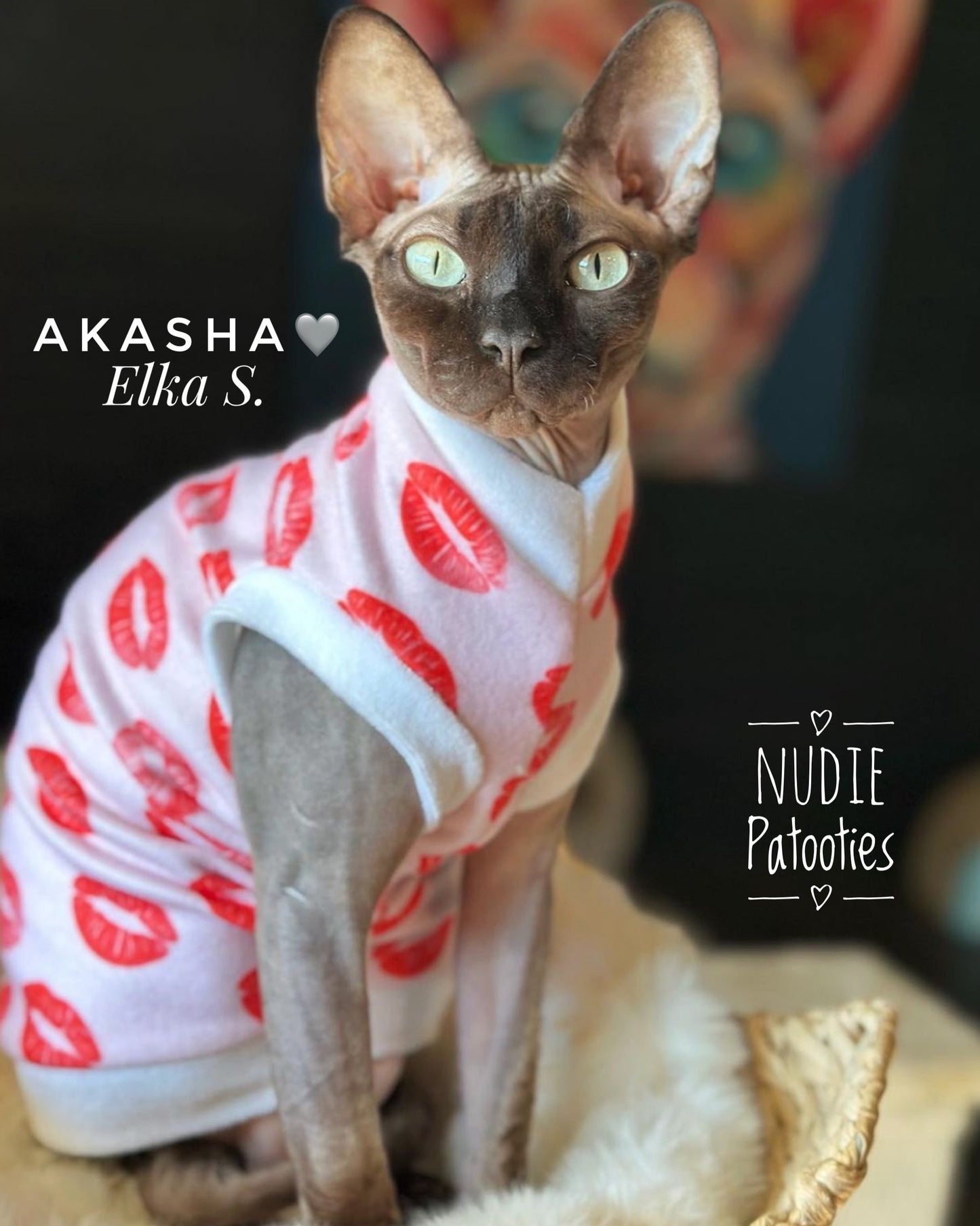 Holiday Valentine Shirt with lipstick smooches for your sphynx cat and kitten. Best sphynx cat clothes, sweaters and shirts.