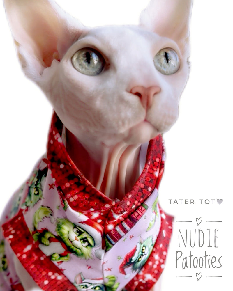 Grinchy Cat Christmas shirt. Best sphynx cat and kitten shirts, sweaters, clothes. Sphynx cat clothes.