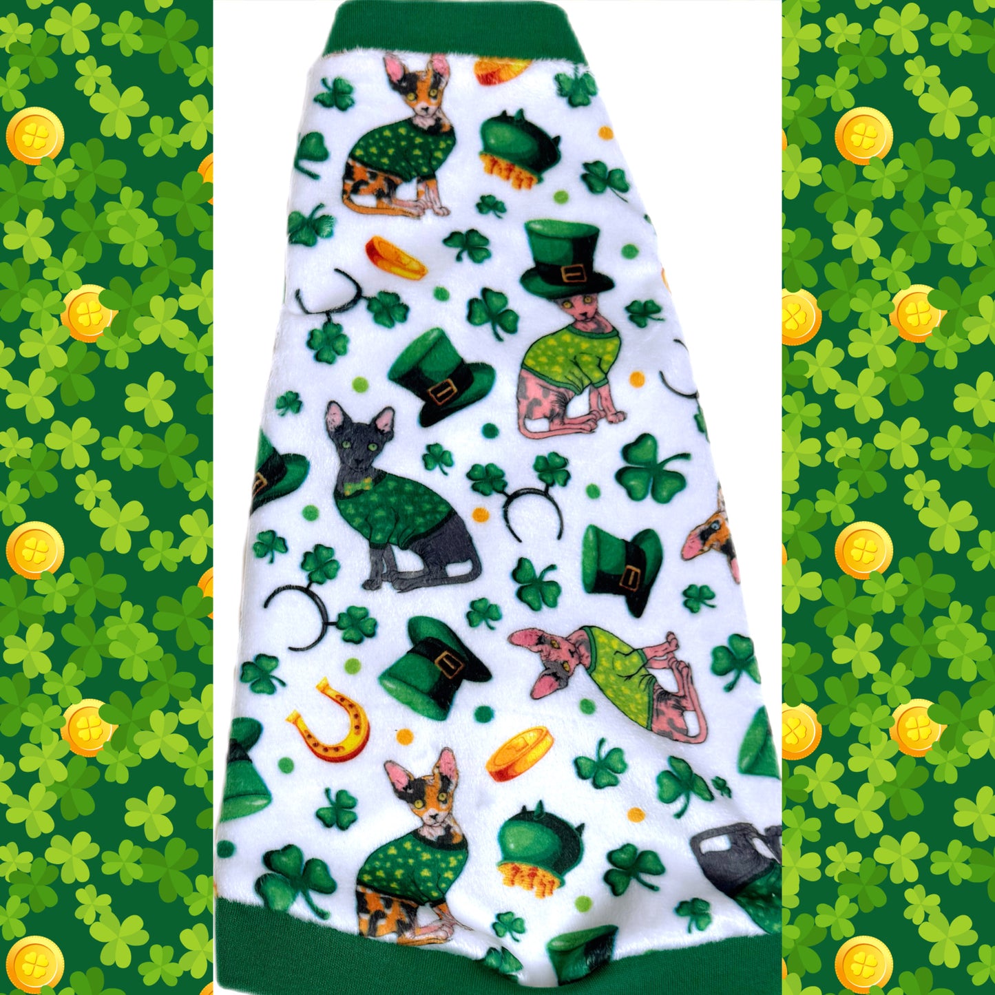Sphynx cat St. Patrick's Day holiday minky shirt. Best sphynx cat and kitten shirts, clothes, sweaters.