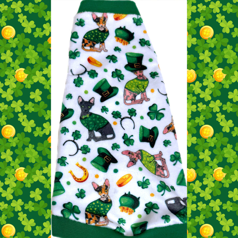 Sphynx cat St. Patrick's Day holiday minky shirt. Best sphynx cat and kitten shirts, clothes, sweaters.