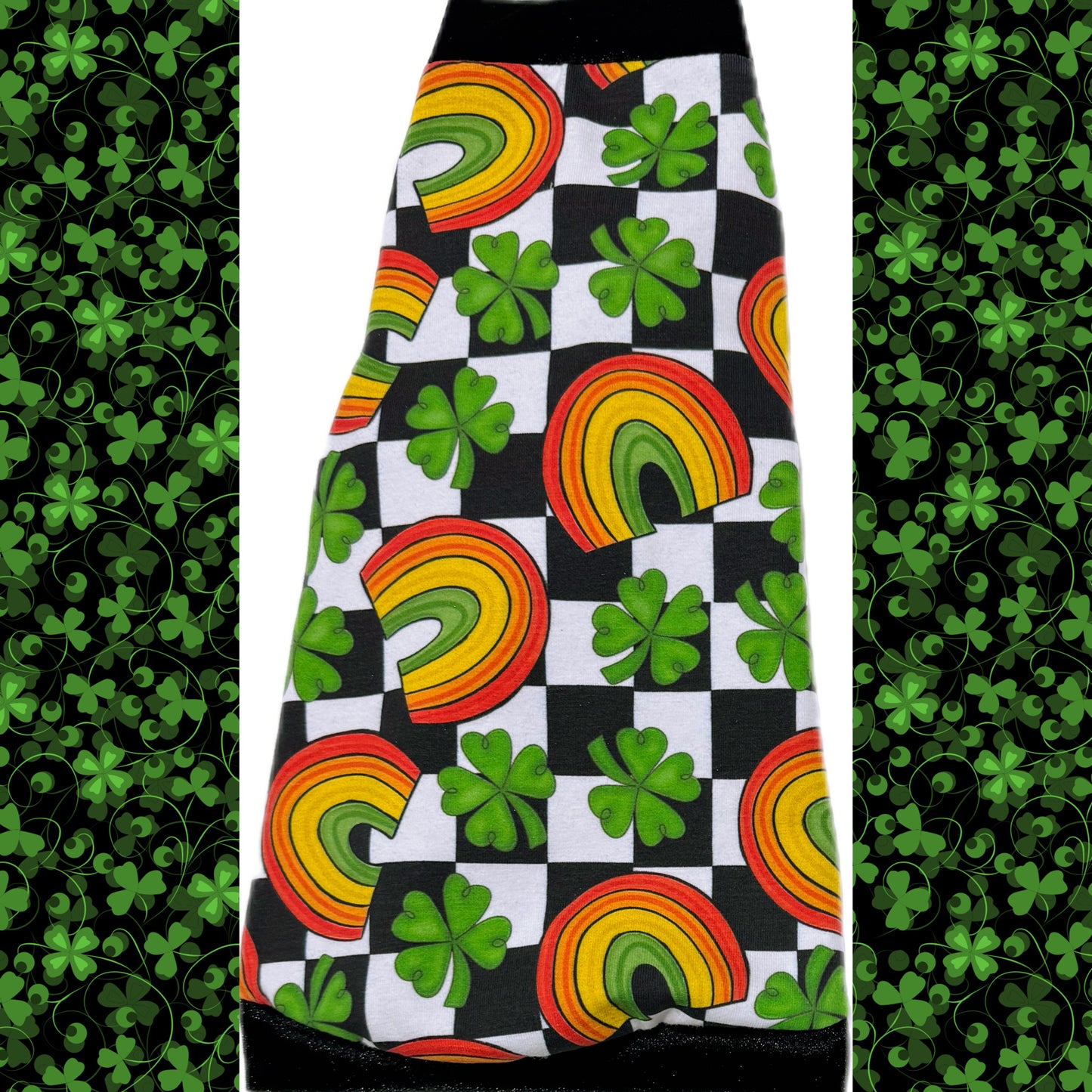 Sphynx cat and kitten cotton knit shamrock & rainbow shirt with velvet trim. Sphynx cat clothes