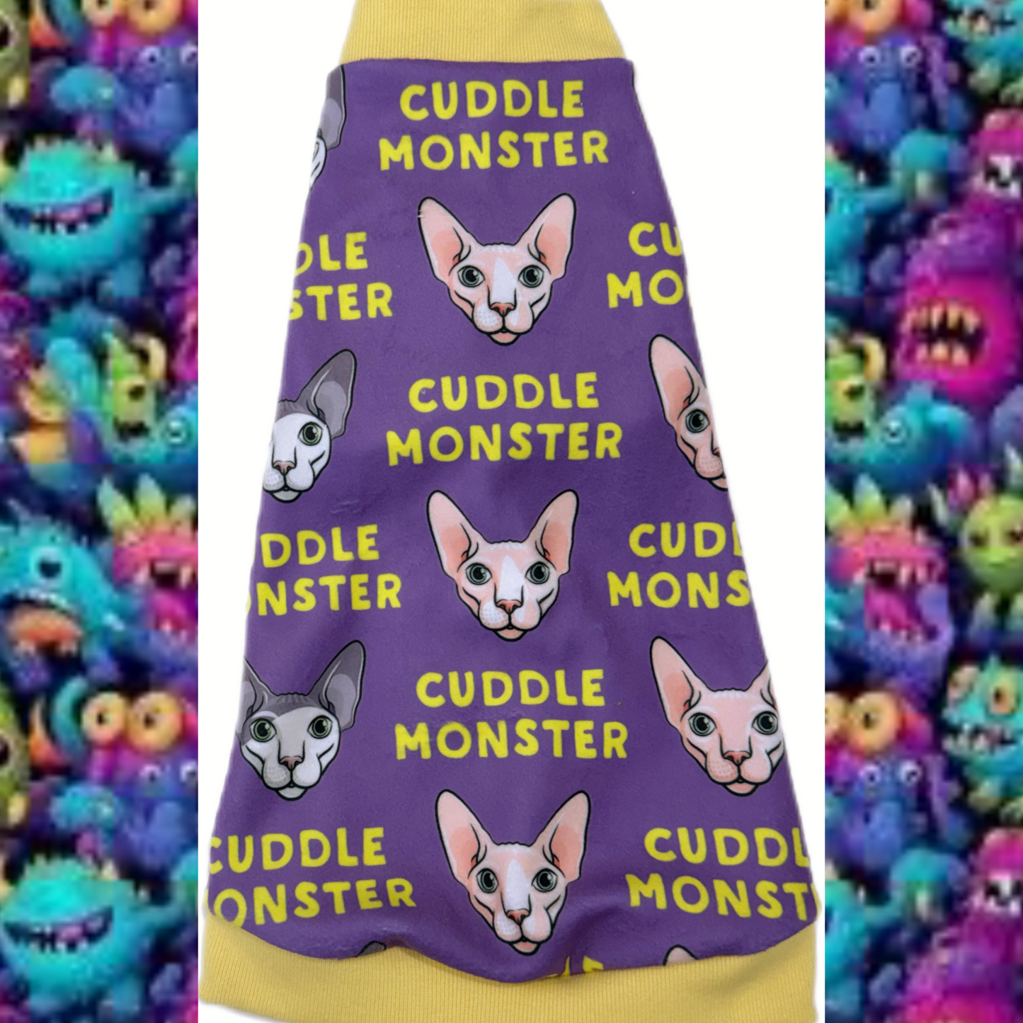 Sphynx cuddle monster fleece shirt. Cute for Valentine’s Day and beyond. Best Sphynx cat clothes and swag.
