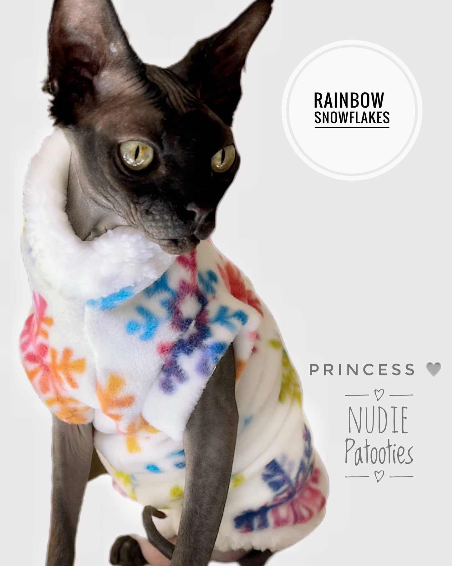 Rainbow snowflakes Christmas fleece shirt for sphynx cat and kitten. Christmas sphynx cat clothes.