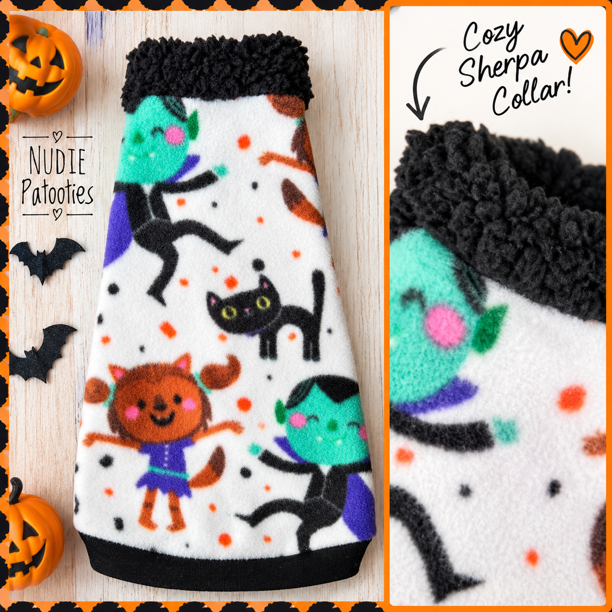 Sphynxie Spooky Pals fleece Sphynx cat Halloween shirt with black Sherpa collar, featuring colorful cats, pumpkins and spooky characters.