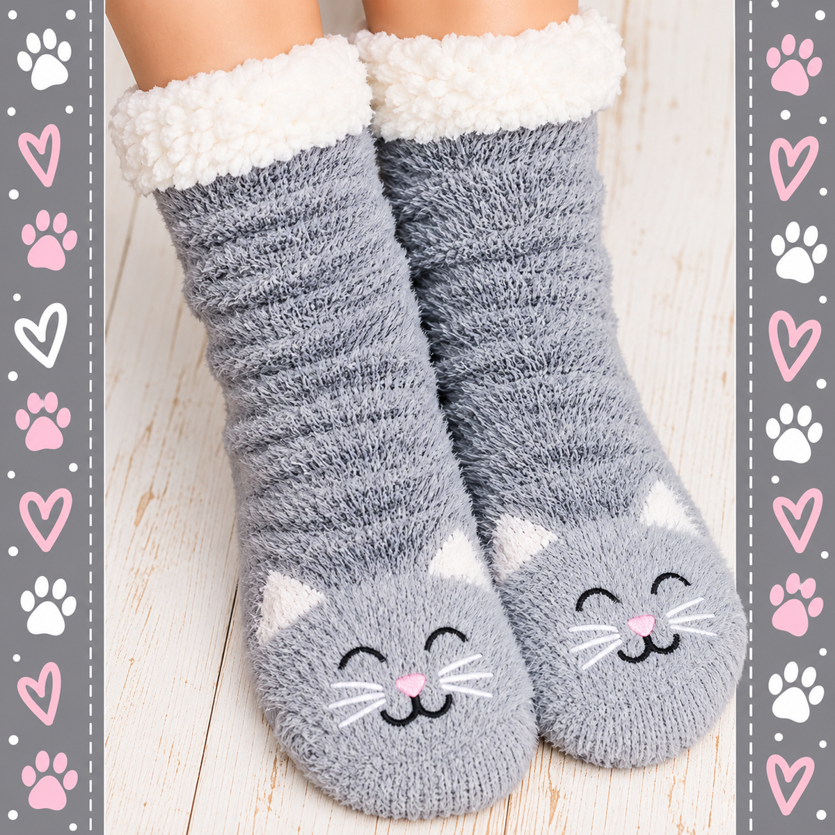 Cozy gray kitty slipper socks with soft Sherpa lining, cute embroidered cat faces and non-skid bottoms. A fun gift for cat lovers and chilly feet!