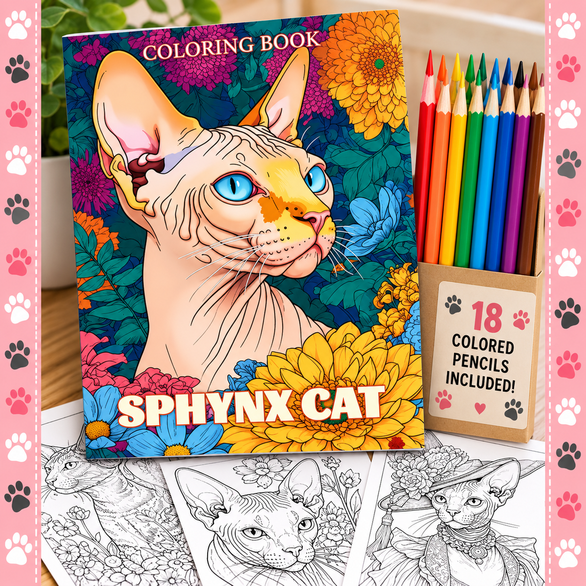 Adorable 22-page Sphynx cat coloring book with 18 colored pencils included. A fun gift, stocking stuffer or little treat for Sphynx cat lovers.