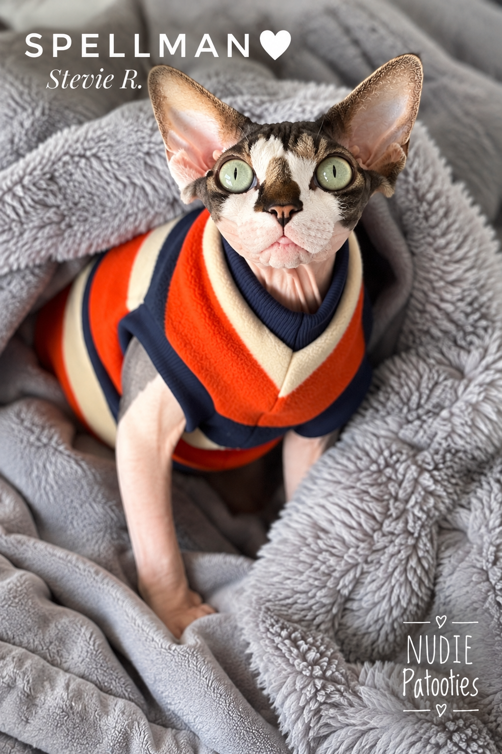 Sphynx cat Spellman modeling the Toasted Beans fleece shirt with orange, cream and navy stripes by Nudie Patooties.