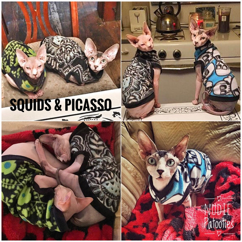 Blue Skull Fleece "Trouble with a capital T" - Nudie Patooties Sphynx cat clothes for your sphynx cat, sphynx kitten, Donskoy, Bambino Cat, cornish rex, peterbald and devon rex cat.