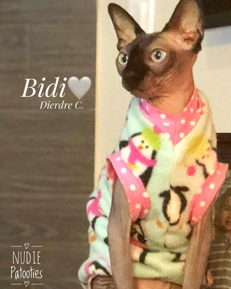 Christmas Pink Penguin Fleece "On Santa's Cute List" - Nudie Patooties Sphynx cat clothes for your sphynx cat, sphynx kitten, Donskoy, Bambino Cat, cornish rex, peterbald and devon rex cat.