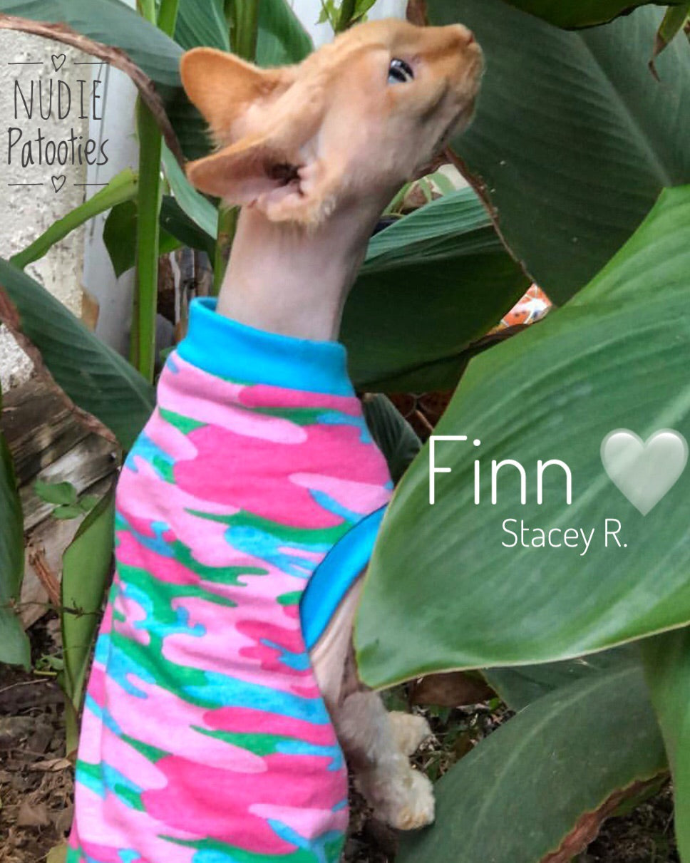Blue, Green, and Pink Camo - Nudie Patooties Sphynx cat clothes for your sphynx cat, sphynx kitten, Donskoy, Bambino Cat, cornish rex, peterbald and devon rex cat.