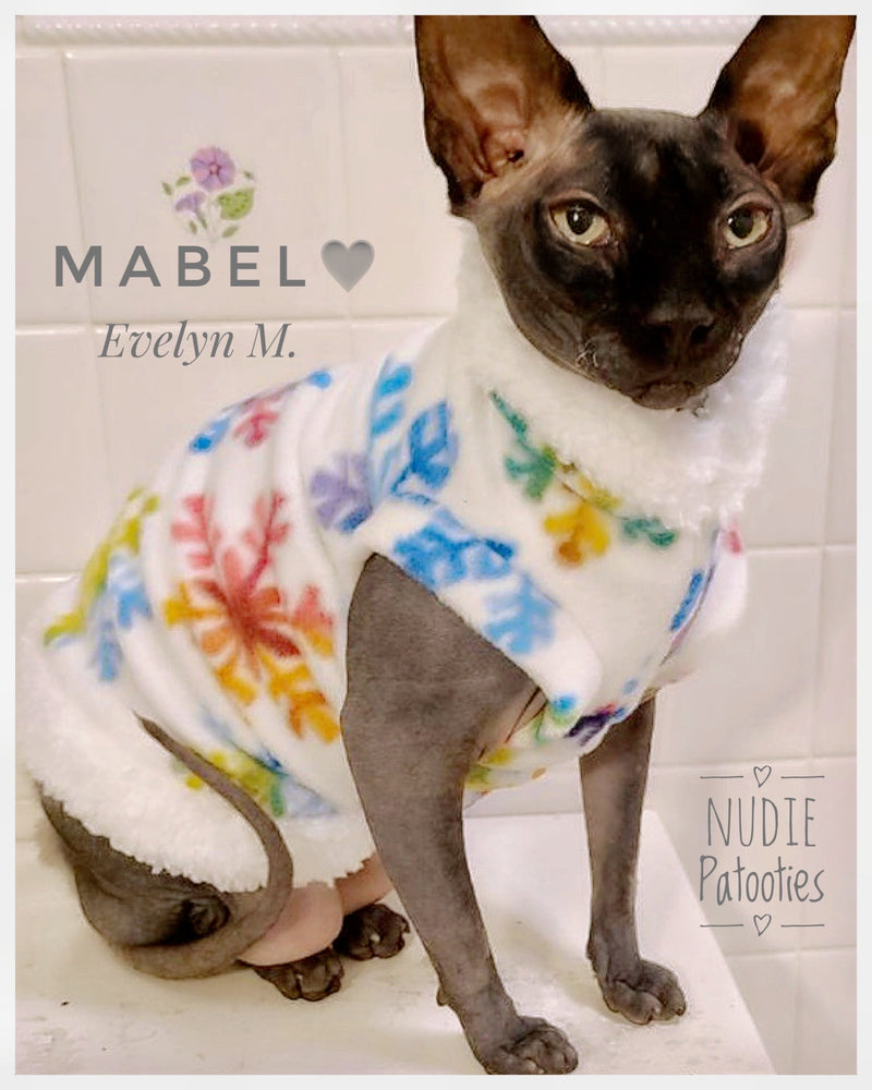 Rainbow snowflakes Christmas fleece shirt for sphynx cat and kitten. Christmas sphynx cat clothes.