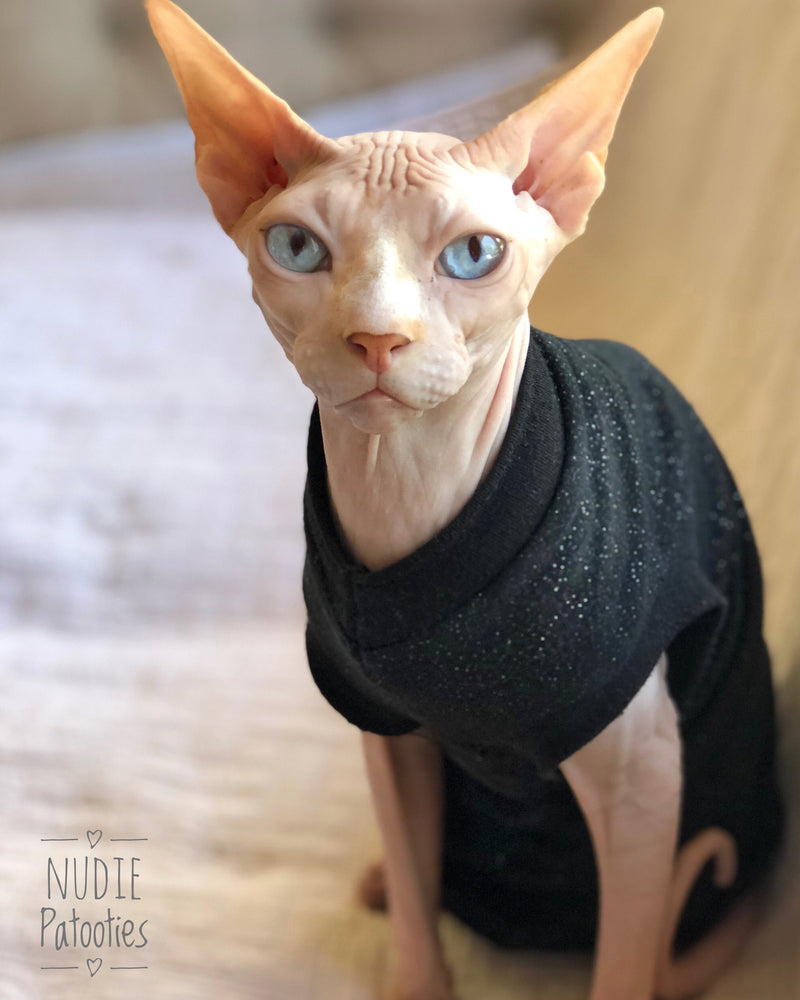 Black Sparkly Shirt - Nudie Patooties Sphynx cat clothes for your sphynx cat, sphynx kitten, Donskoy, Bambino Cat, cornish rex, peterbald and devon rex cat.