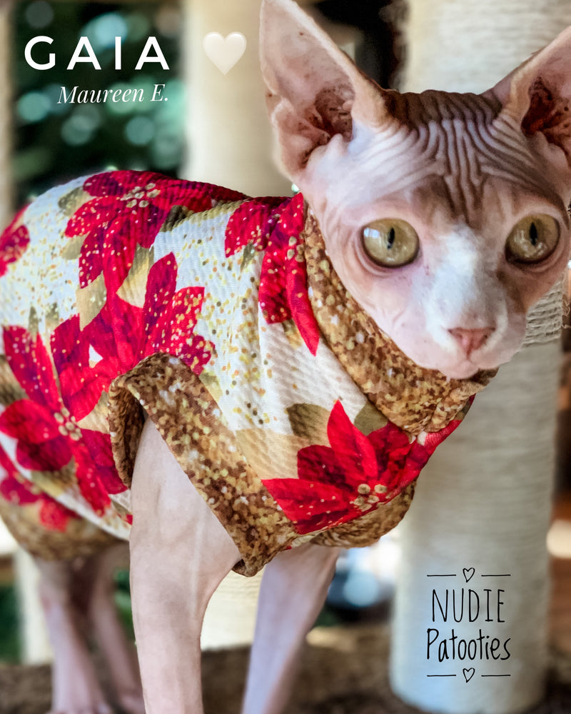 Poinsettia Christmas sphynx cat and kitten shirt. Sphynx cat clothes