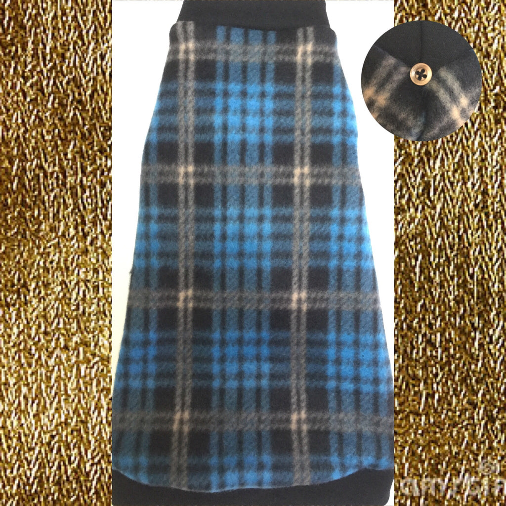 Blue and Black Plaid Fleece "Let Yourself Shine" - Nudie Patooties Sphynx cat clothes for your sphynx cat, sphynx kitten, Donskoy, Bambino Cat, cornish rex, peterbald and devon rex cat.