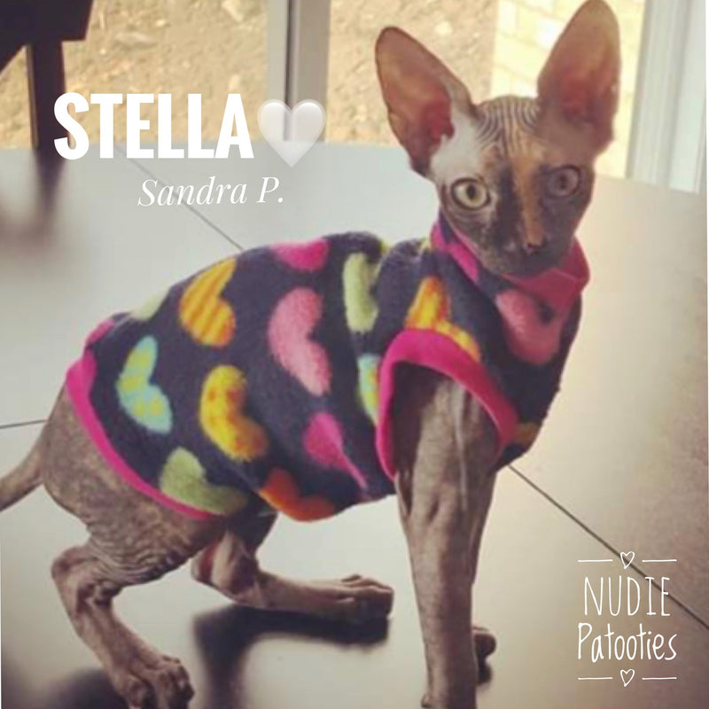 Colorful Heart Fleece "Love Me, Love Me, Say that you Love Me" - Nudie Patooties Sphynx cat clothes for your sphynx cat, sphynx kitten, Donskoy, Bambino Cat, cornish rex, peterbald and devon rex cat.