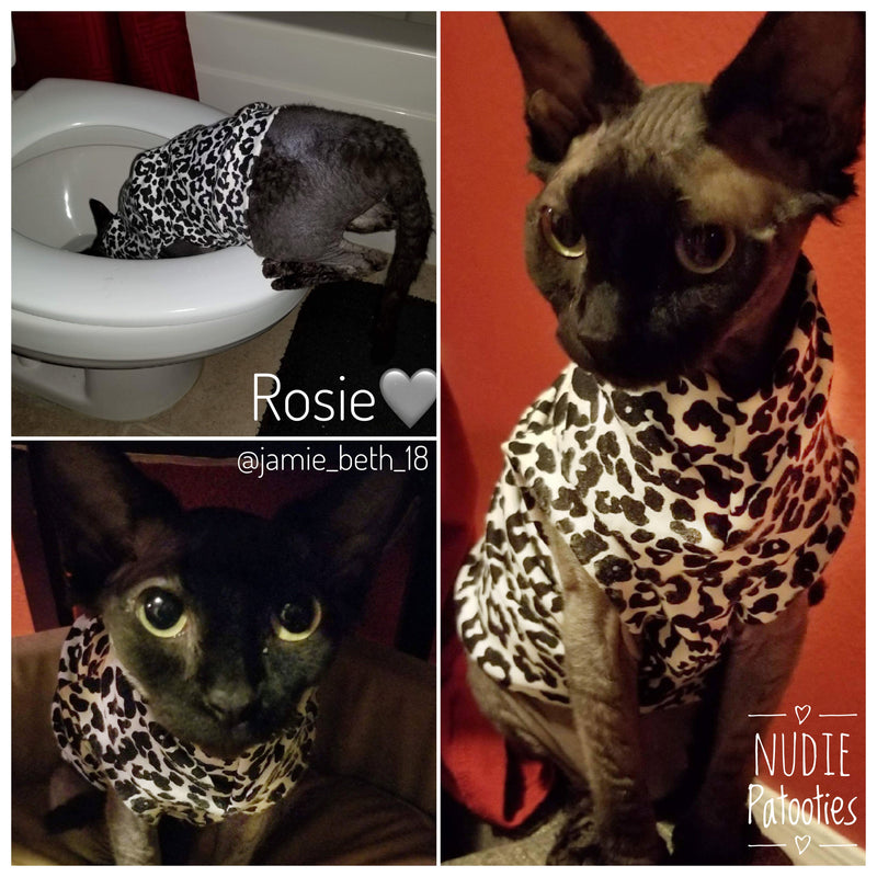 Black and White Cheetah - Nudie Patooties Sphynx cat clothes for your sphynx cat, sphynx kitten, Donskoy, Bambino Cat, cornish rex, peterbald and devon rex cat.