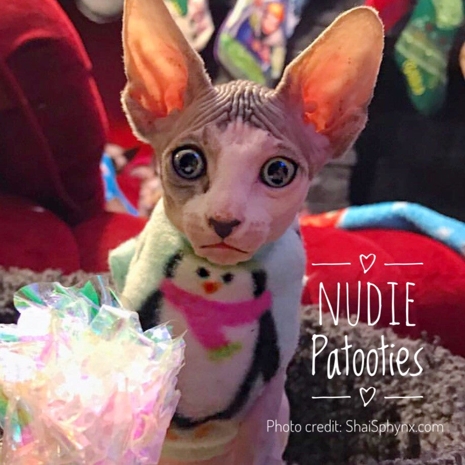 Christmas Pink Penguin Fleece "On Santa's Cute List" - Nudie Patooties  Sphynx cat clothes for your sphynx cat, sphynx kitten, Donskoy, Bambino Cat, cornish rex, peterbald and devon rex cat. 