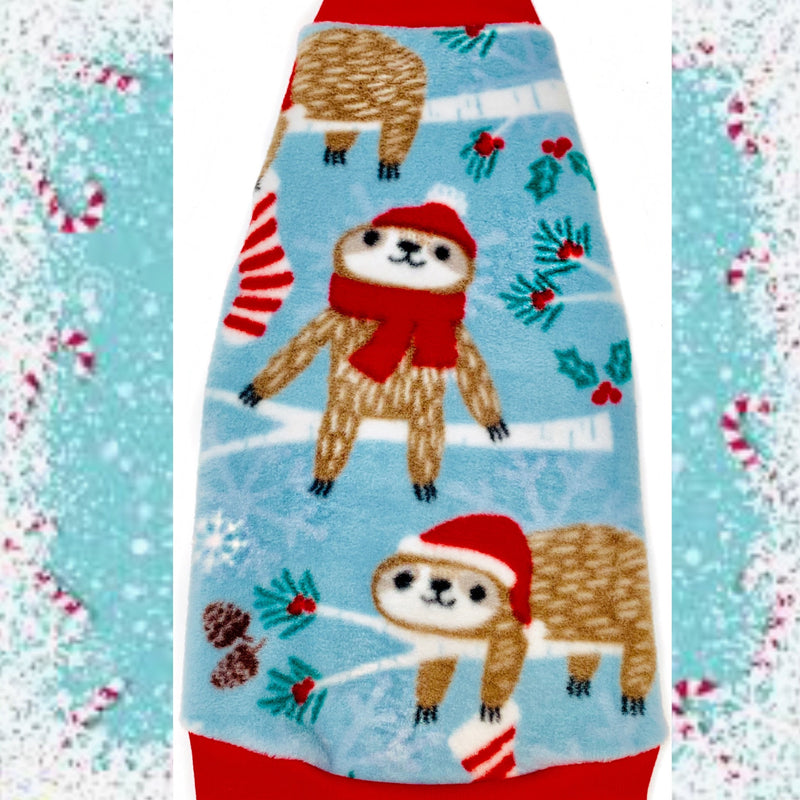Nudie Patooties Christmas Sloth Fleece shirt for your sphynx cat, sphynx kitten, cornish rex, peterbald and devon rex cat. Sphynx cat clothes, shirts and sweaters.