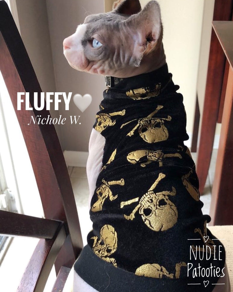 Black Velvet with Metallic Gold Skull - Nudie Patooties Sphynx cat clothes for your sphynx cat, sphynx kitten, Donskoy, Bambino Cat, cornish rex, peterbald and devon rex cat.