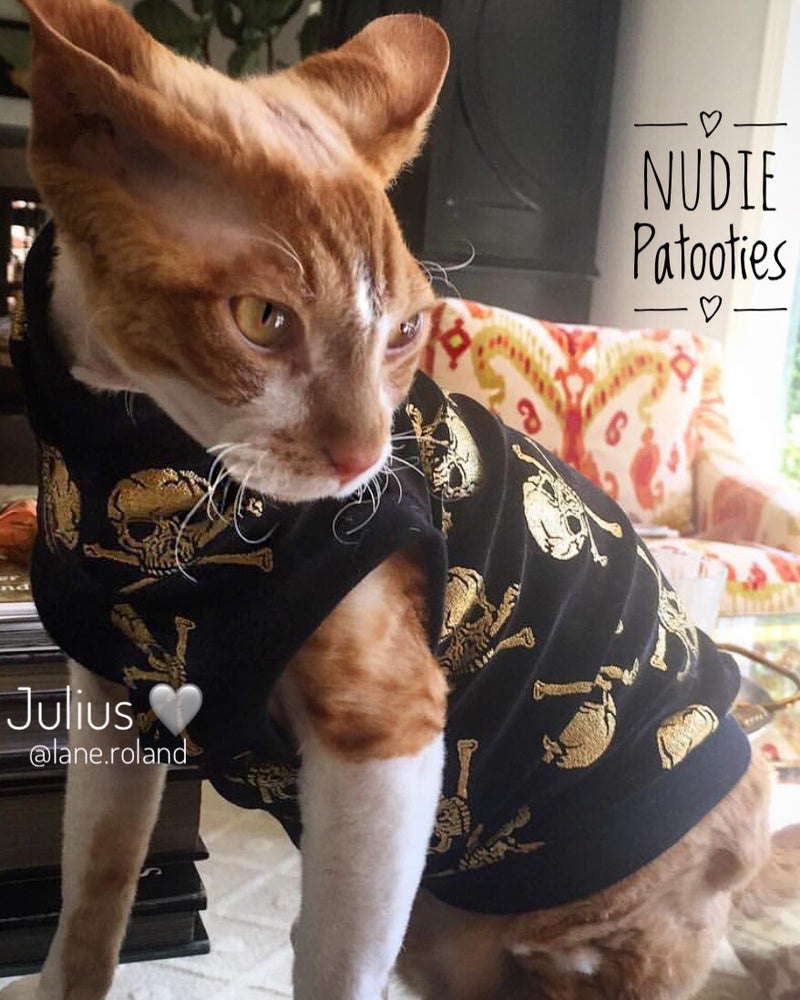 Black Velvet with Metallic Gold Skull - Nudie Patooties Sphynx cat clothes for your sphynx cat, sphynx kitten, Donskoy, Bambino Cat, cornish rex, peterbald and devon rex cat.