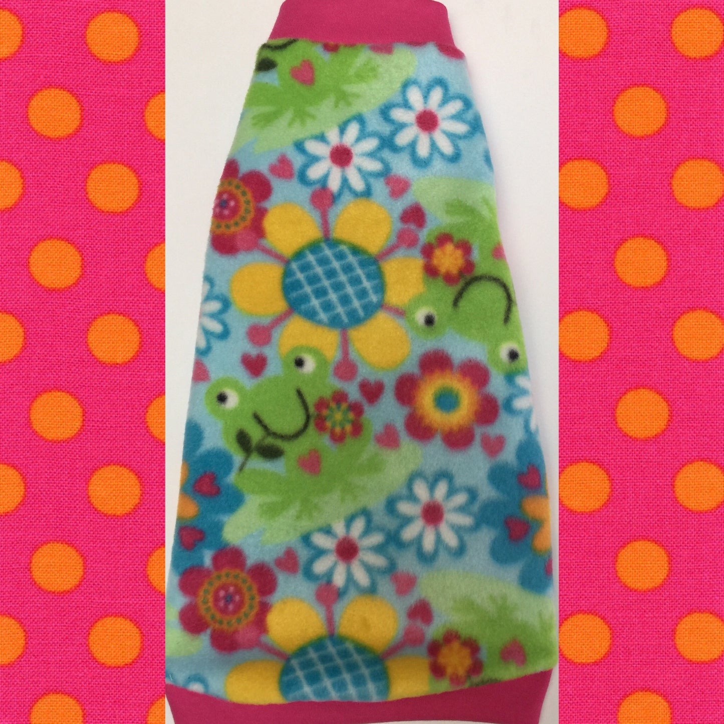 Blue Frog Fleece "Flowers and Froggies" - Nudie Patooties Sphynx cat clothes for your sphynx cat, sphynx kitten, Donskoy, Bambino Cat, cornish rex, peterbald and devon rex cat.