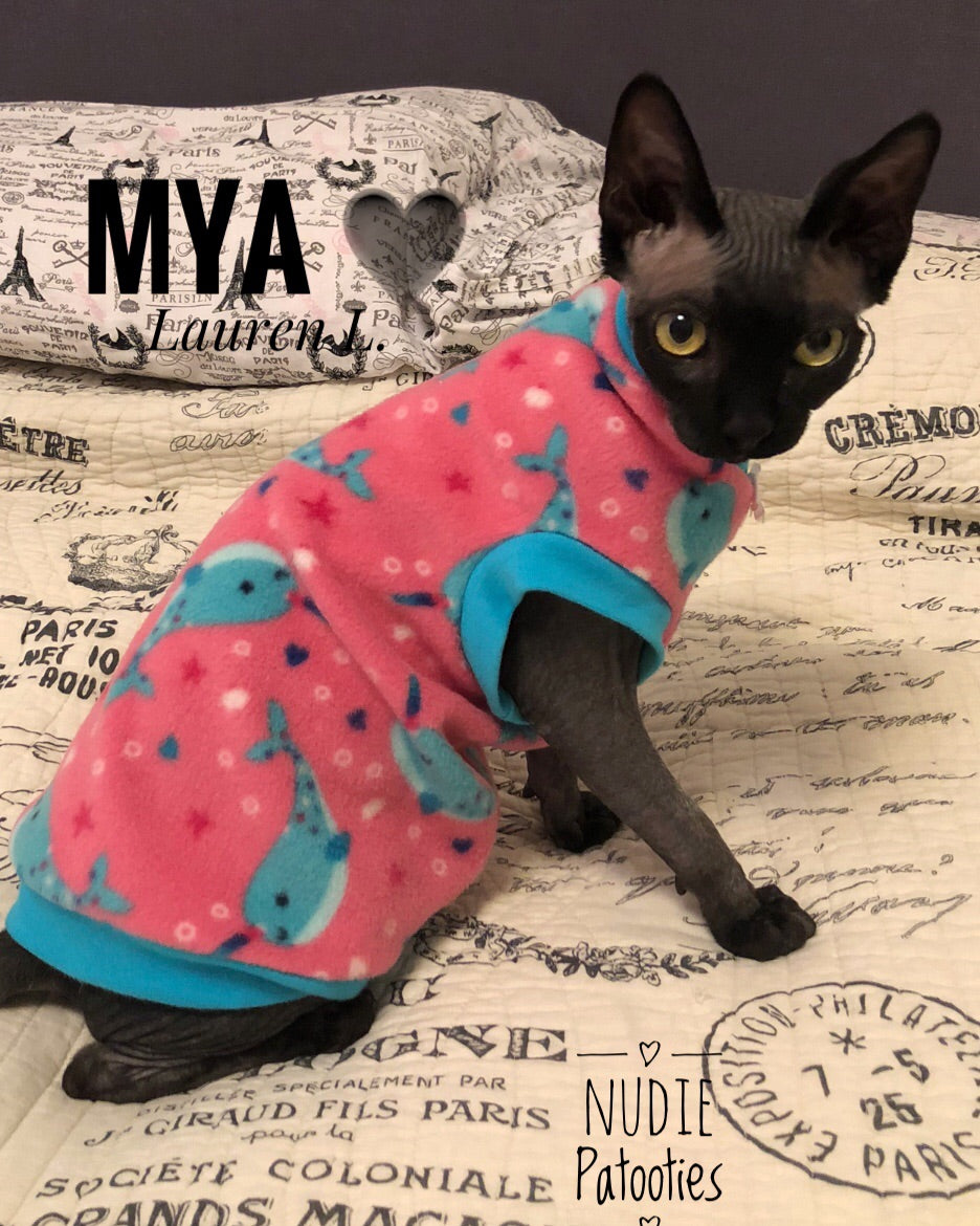 Nudie Patooties Fleece shirt for your sphynx cat, sphynx kitten, cornish rex, peterbald and devon rex cat.  Sphynx cat clothes, shirts and sweaters.