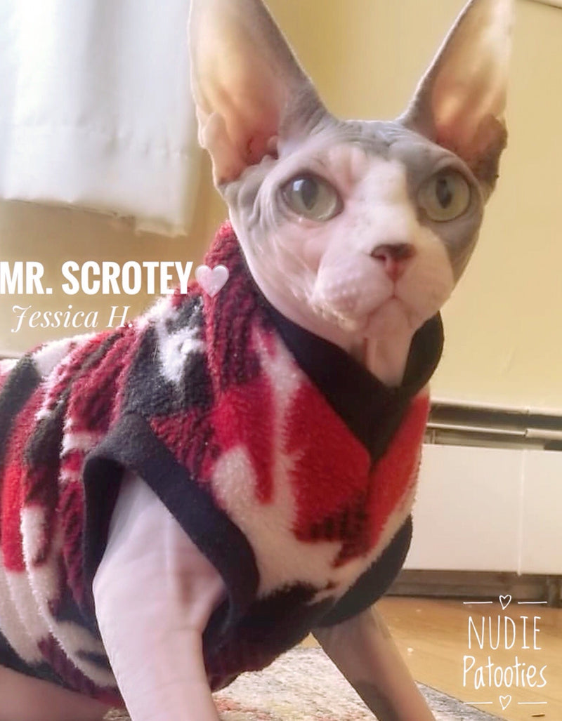 Nudie Patooties Fleece shirt for your sphynx cat, sphynx kitten, Donskoy, Bambino Cat, cornish rex, peterbald and devon rex cat.  Sphynx cat clothes, shirts and sweaters.  