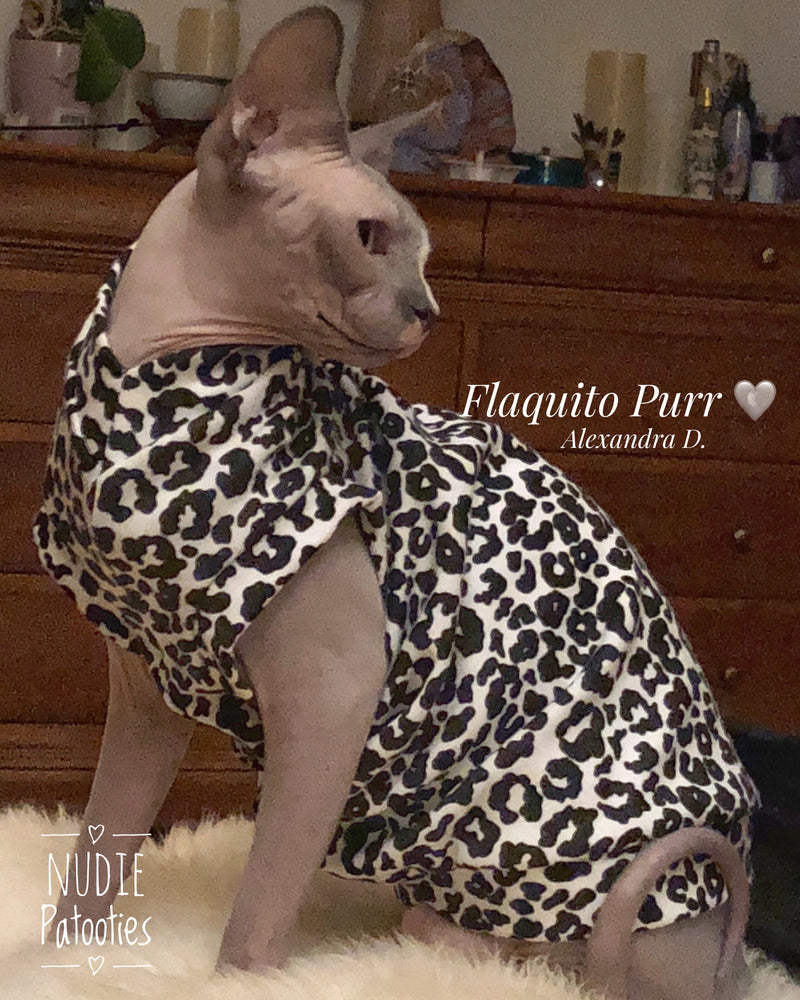 Black and White Cheetah - Nudie Patooties Sphynx cat clothes for your sphynx cat, sphynx kitten, Donskoy, Bambino Cat, cornish rex, peterbald and devon rex cat.