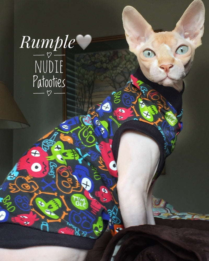 Skull shirt/ Halloween/ Sphynx Cat Fleece Clothes / clothes for cats/ cat overalls /cat shirt/ cat sweater/ cat sweatshirt/ pet sweater/ Sphynx cat clothes/ Sphynx clothing / cats clothes/ shirt for cat/ cat clothes/ tattoo/ skull/ designer cat clothes/ cat pjs