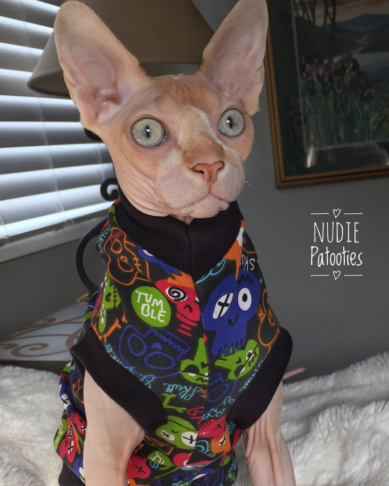 Skull shirt/ Halloween/ Sphynx Cat Fleece Clothes / clothes for cats/ cat overalls /cat shirt/ cat sweater/ cat sweatshirt/ pet sweater/ Sphynx cat clothes/ Sphynx clothing / cats clothes/ shirt for cat/ cat clothes/ tattoo/ skull/ designer cat clothes/ cat pjs
