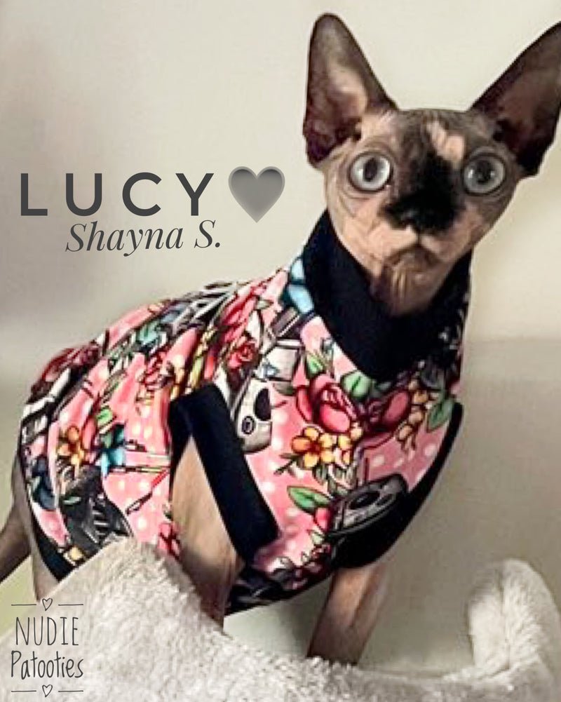 Polka dot floral shirt for sphynx cats and kittens.  Sphynx cat clothes