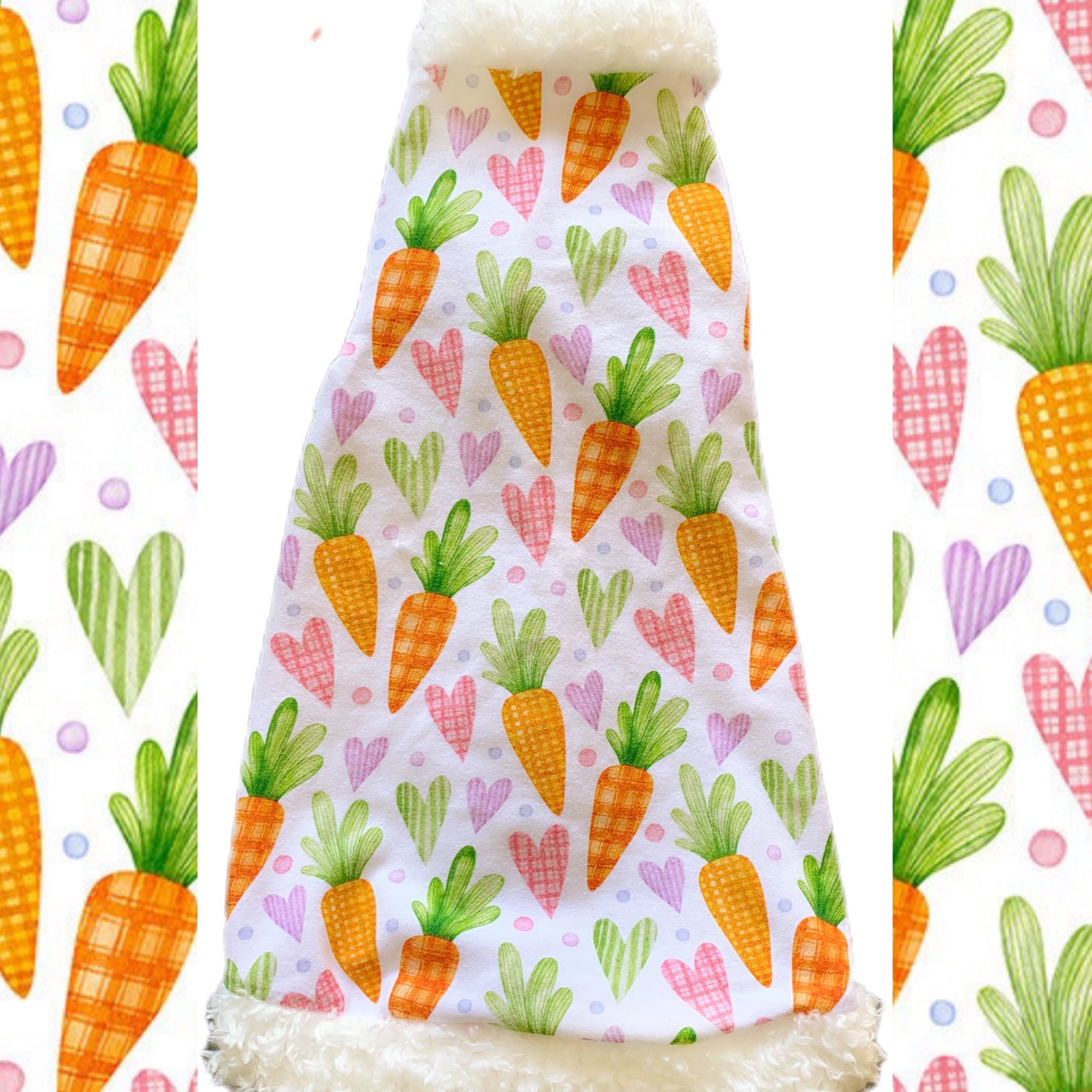 Sphynx cat Easter shirt with carrots, hearts and fur trim. Sphynx cat clothes