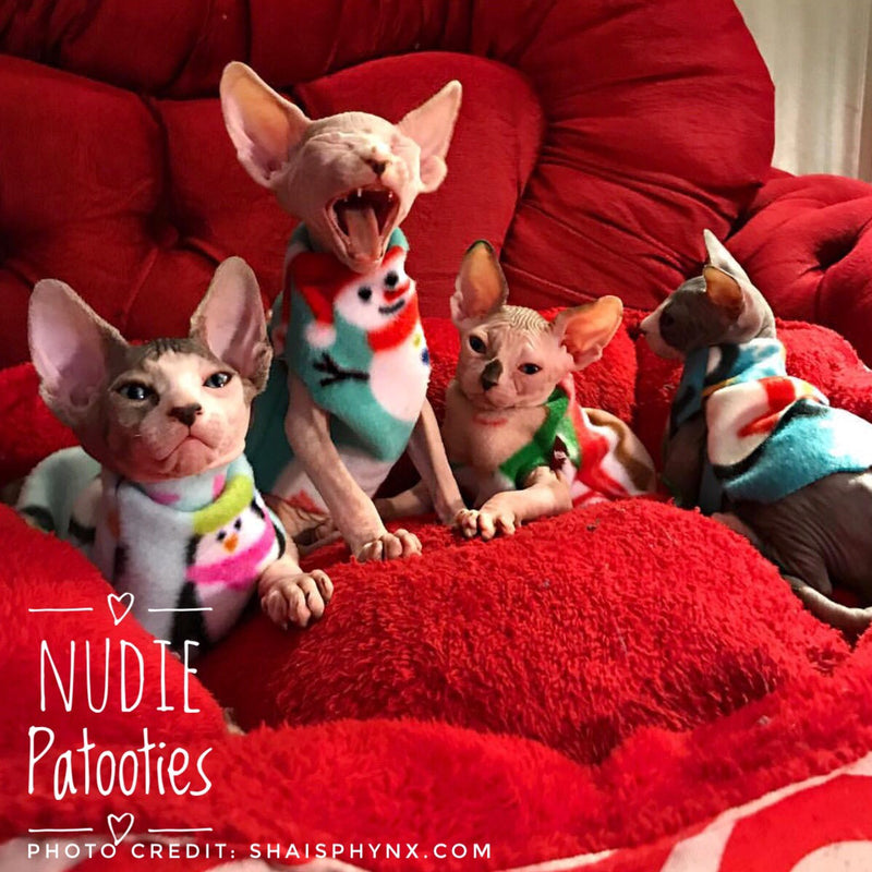 Christmas Pink Penguin Fleece "On Santa's Cute List" - Nudie Patooties Sphynx cat clothes for your sphynx cat, sphynx kitten, Donskoy, Bambino Cat, cornish rex, peterbald and devon rex cat.