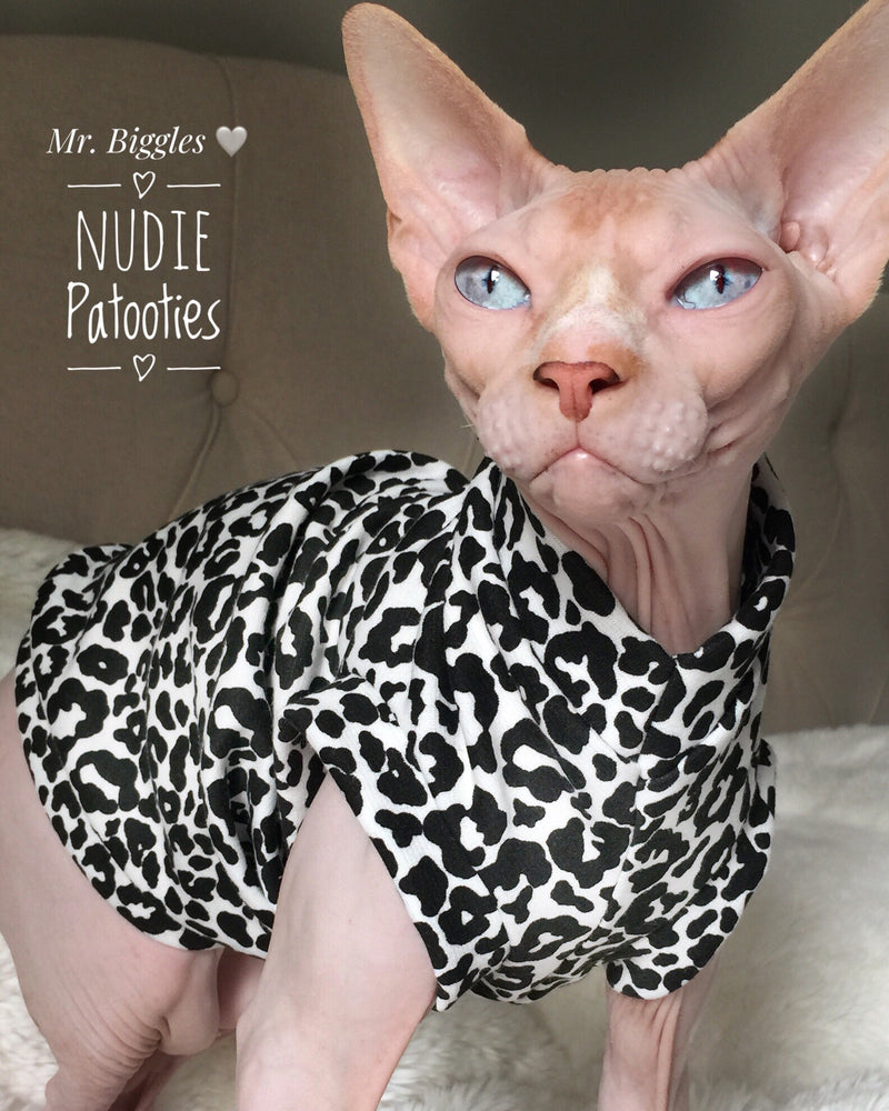 Black and White Cheetah - Nudie Patooties Sphynx cat clothes for your sphynx cat, sphynx kitten, Donskoy, Bambino Cat, cornish rex, peterbald and devon rex cat.