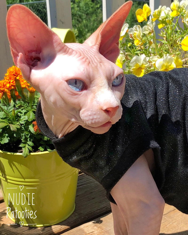 Black Sparkly Shirt - Nudie Patooties Sphynx cat clothes for your sphynx cat, sphynx kitten, Donskoy, Bambino Cat, cornish rex, peterbald and devon rex cat.