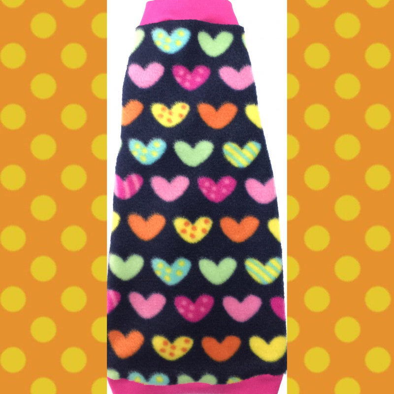 Colorful Heart Fleece "Love Me, Love Me, Say that you Love Me" - Nudie Patooties Sphynx cat clothes for your sphynx cat, sphynx kitten, Donskoy, Bambino Cat, cornish rex, peterbald and devon rex cat.