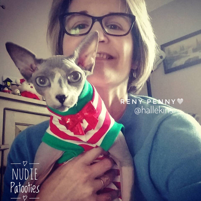 Christmas Red and White Stripe Shirt "Santa's Little Helper" - Nudie Patooties Sphynx cat clothes for your sphynx cat, sphynx kitten, Donskoy, Bambino Cat, cornish rex, peterbald and devon rex cat.