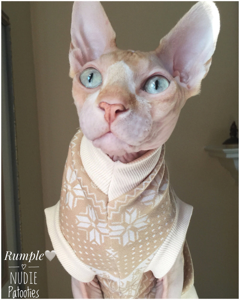 Camel and Cream Snowflakes - Nudie Patooties Sphynx cat clothes for your sphynx cat, sphynx kitten, Donskoy, Bambino Cat, cornish rex, peterbald and devon rex cat.