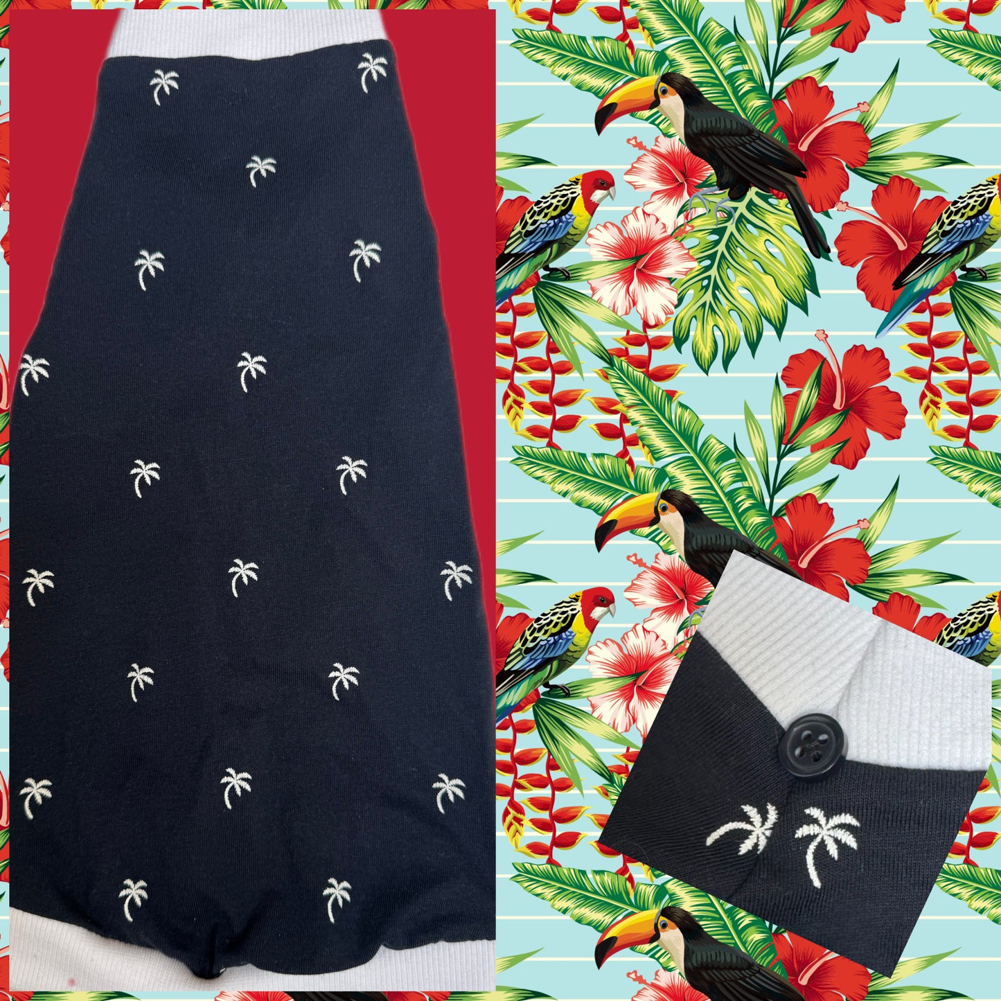100% Cotton, White Palm Trees on Black w/ Button