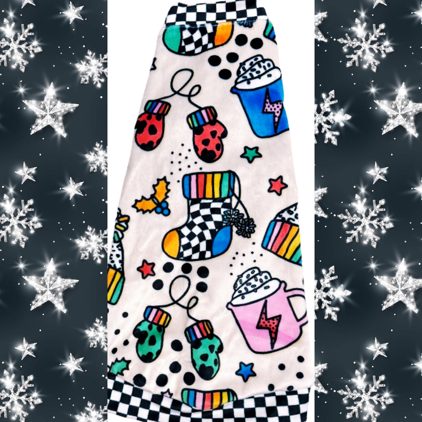 Colorful holiday Sphynx cat shirt by Nudie Patooties made of soft plush velvety fabric featuring rainbow Christmas stockings, cocoa mugs, and mittens with checkerboard trim — cozy winter clothing for hairless cats. Best sphynx cat clothes