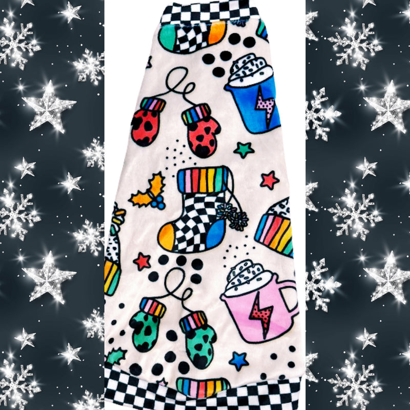 Colorful holiday Sphynx cat shirt by Nudie Patooties made of soft plush velvety fabric featuring rainbow Christmas stockings, cocoa mugs, and mittens with checkerboard trim — cozy winter clothing for hairless cats. Best sphynx cat clothes