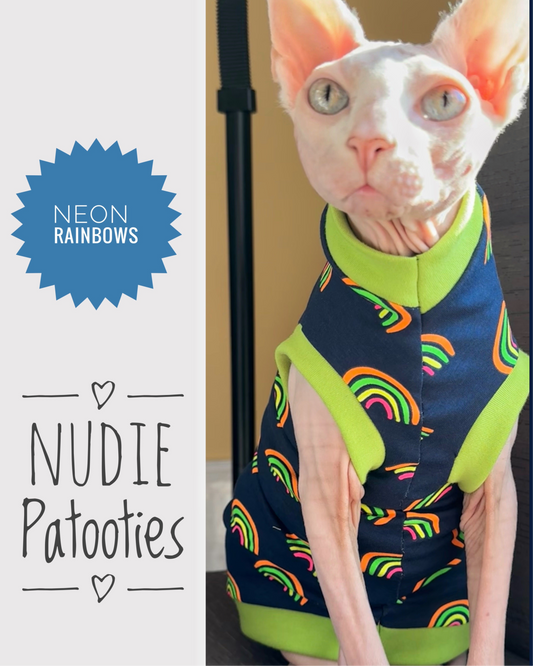 Sphynx cat and kitten neon rainbow shirt.  Sphynx cat clothes.